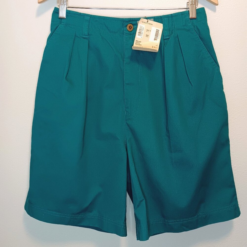 Vintage Preview Women's Peacock Teal Pleat Front High Rise Cotton Shorts Size 12